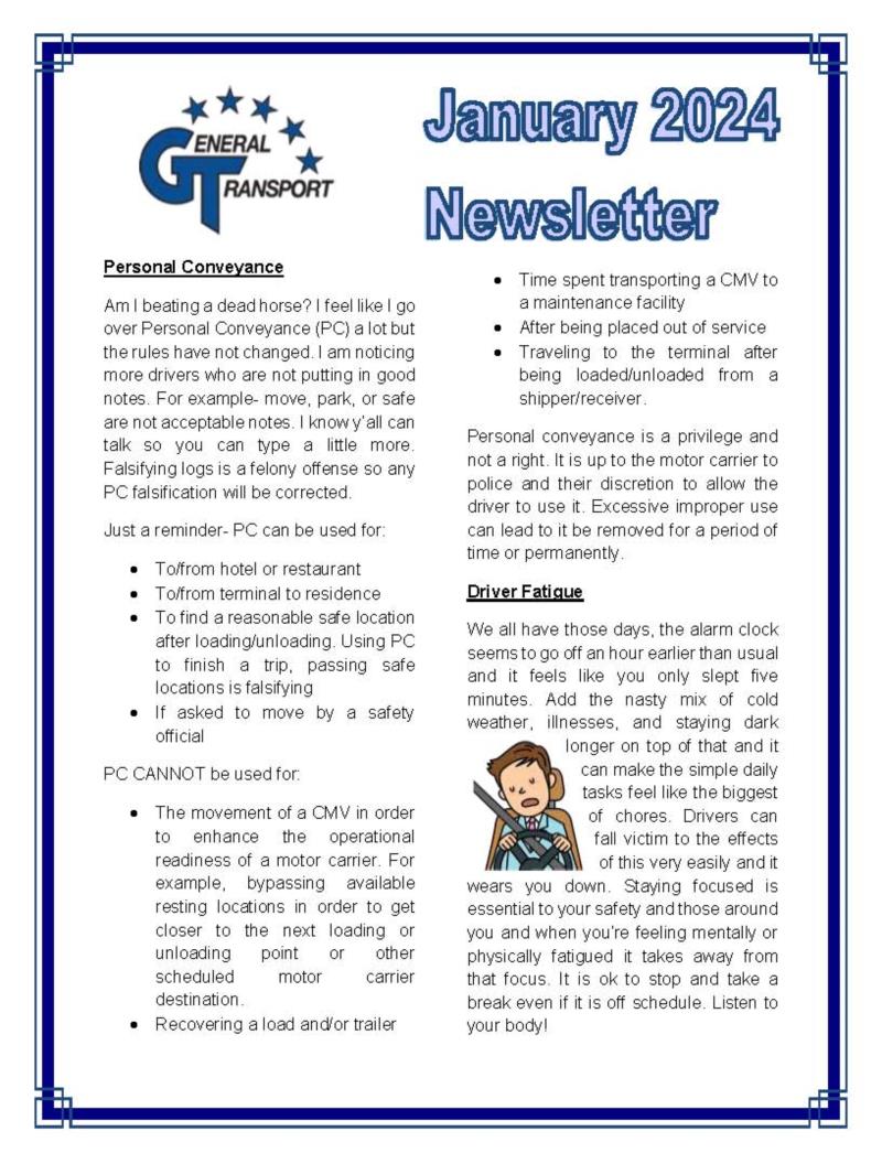 General Transport January 2024 Newsletter